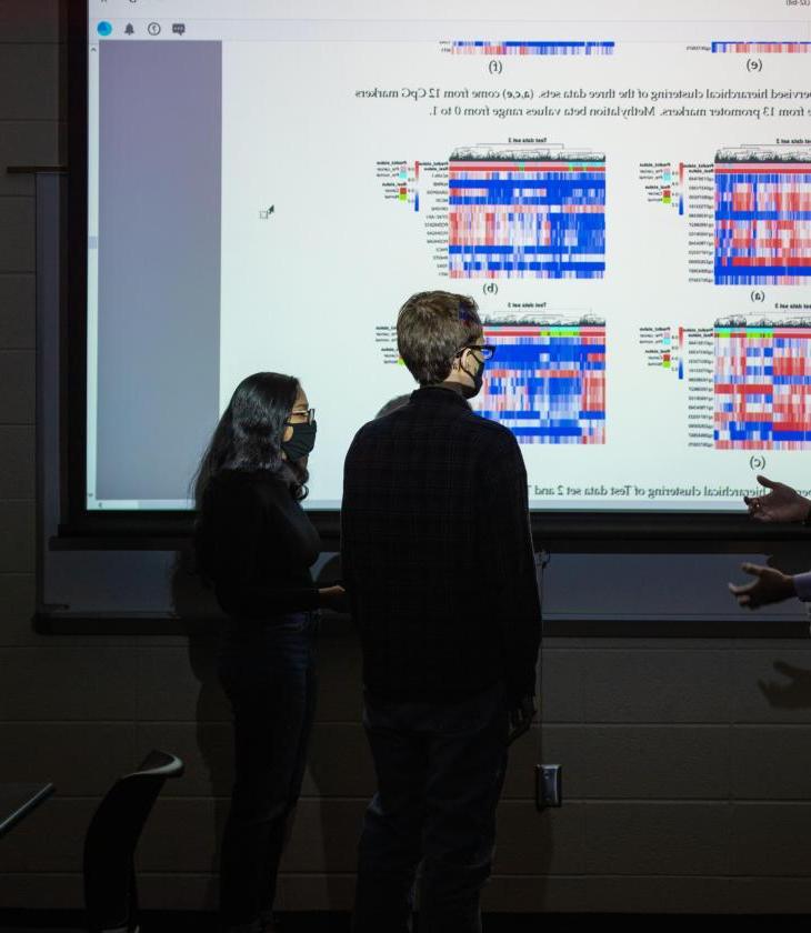 Computer science students standing in front of a projected image discussing